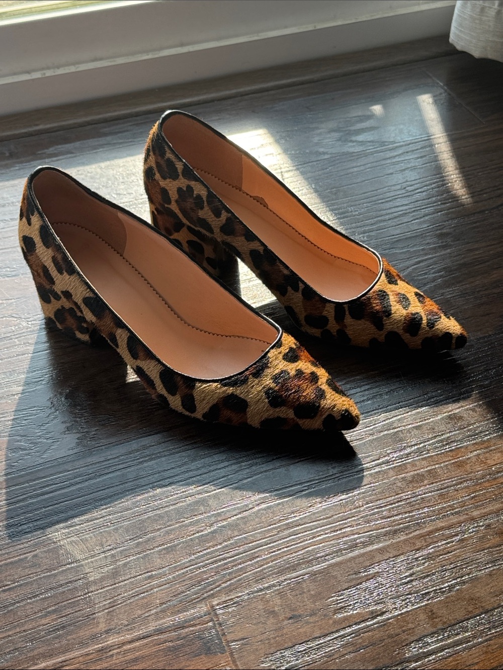 J. Crew Leopard Hair Print Pointed Block Heel Pumps, Leather Lining